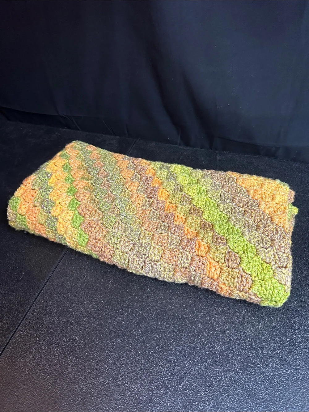 Handmade Crocheted Throw in Olive, Orange & Tan
